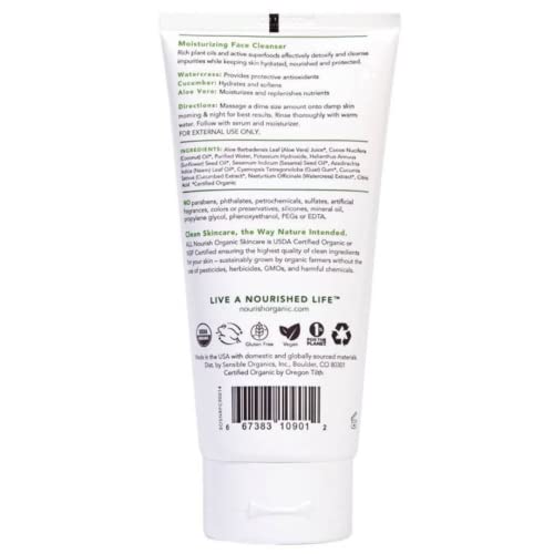 Nourish Organic Moisturizing Face Cleanser for All Skin Types, Watercress + Cucumber Face Wash, Fragrance-Free, 6 Oz (Pack of 2)