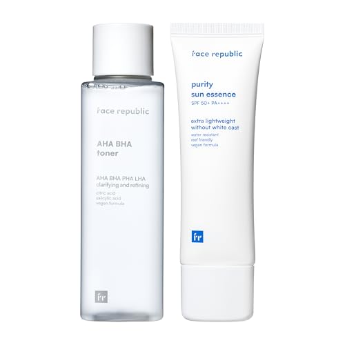 Face Republic Exfoliate & Protect - AHA/BHA Toner + Purity Sun Essence | Pore Refining, Clarifying Toner | SPF 50+ Broad Spectrum UV Sunscreen | Vegan Korean Skin care