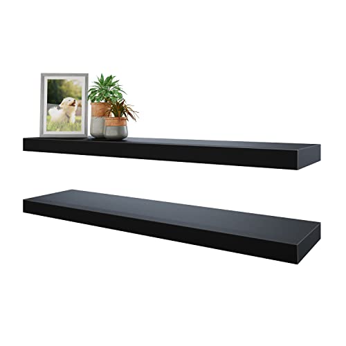 Floating Wall Shelves Set of 2 - 31.5 x 7.7 inch Black MDF Shelves with Invisible Brackets
