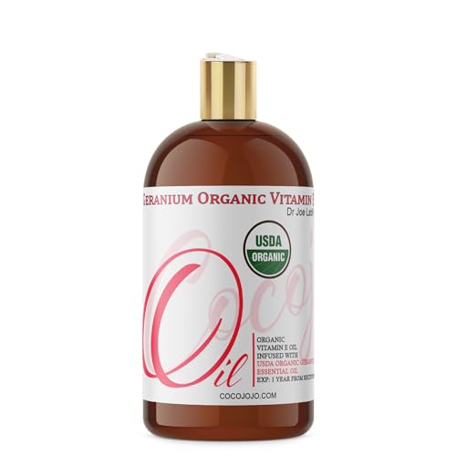 Dr Joe Lab Organic Vitamin E and Geranium Essential Oil Infused Blend - Natural Non-GMO Vegan Multi-Use for Skin Hair Face Body Moisture Antioxidant Daily Use (16 oz)