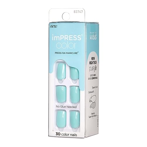 KISS imPRESS Color Press-On Manicure, Gel Nail Kit, PureFit Technology, Short Length, ¡°Mint To Be¡±, Polish-Free Solid Color Mani, Includes Prep Pad, Mini File, Cuticle Stick, and 30 Fake Nails