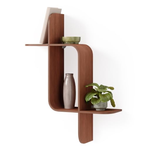 Floating Wall Shelf - Natural Walnut Finish, Modern Geometric Design, Mounts Horizontally or Vertically, 15lb Capacity - Light Walnut Variation