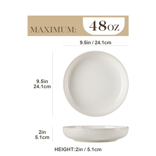 White Ceramic Pasta Bowls Set of 4 48 Oz Large Salad Plates Modern Relief Design