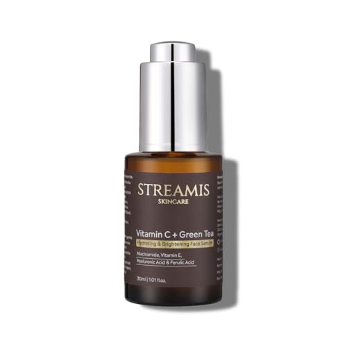 Streamis Skincare: Vitamin C + Green Tea Hydrating & Brightening Face Serum - With Niacinamide, Vitamin E, Hyaluronic Acid, Ferulic Acid & Powerful Botanical Extract Blend, Fragrance Free, 30ml.