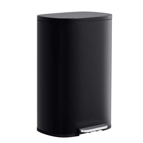 13-Gallon Trash Can with Lid - Black Stainless Steel Removable Inner Bucket