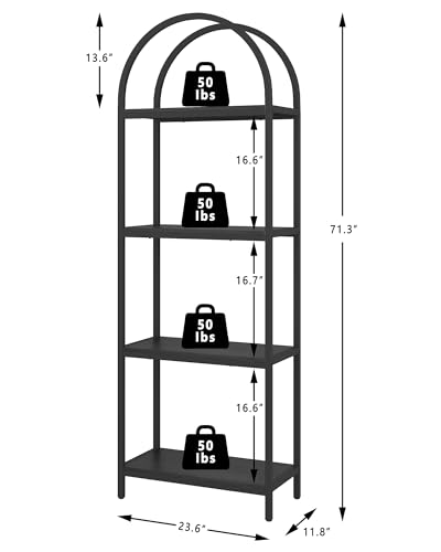 Black 4-Tier Arched Bookcase - Industrial Open Shelving Unit, 71.3" Tall