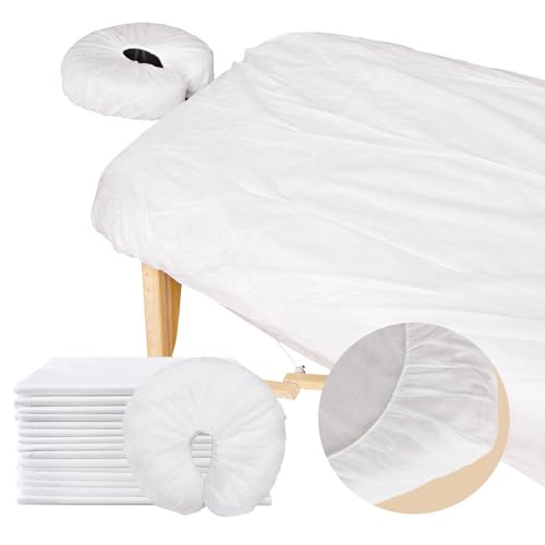 Eviqei 60 Pcs Disposable Fitted Massage Table Sheet Set - 30 Pcs Breathable Spa Bed Sheets and 30 Pcs Face Cradle Covers/Headrest Covers