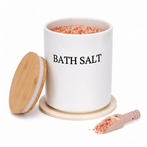 M-White 64oz Airtight Ceramic Bath Salt Jar Set with Wooden Lid & Scoop