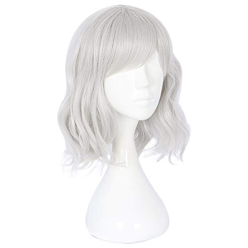 14-inch Silver White Curly Wavy Short Bob Wig with Bangs for Women - Cosplay & Daily Use