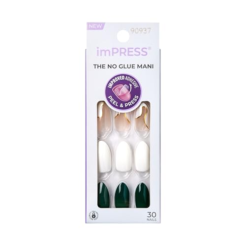 KISS Impress Press-On Manicure Fake Nails, In My Head - Medium Length, Almond Shape, Polish-Free Solid Color Mani, Includes Prep Pad, Mini File, Manicure Stick, and 30 Fake Nails
