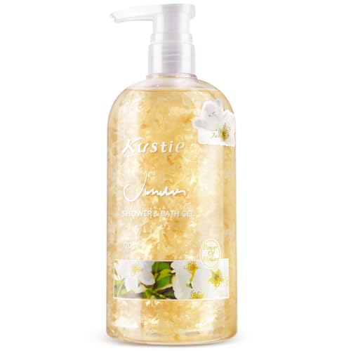 Kustie Jasmine Body Wash Deep Moisturizing Shower Gel - Real Petals, Hyaluronic Acid, Niacinamide & Squalane, Rich Lather, Long-Lasting Natural Scent for Dry & Sensitive Skin, 24.3 fl oz