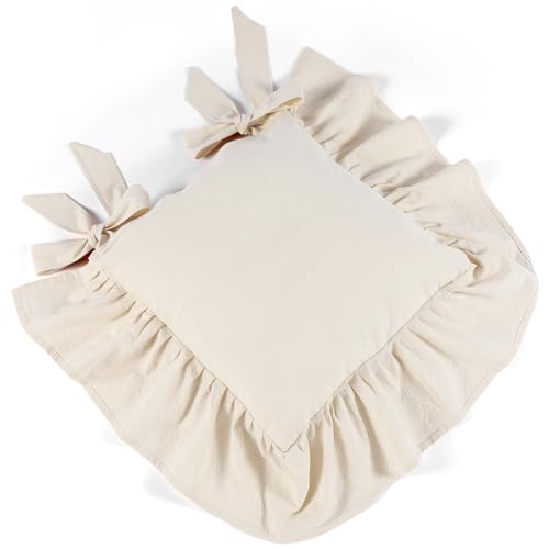French Ruffled Chair Cushion Covers Set 6 Retro Cream White No Padding - Tie-On Slipcovers