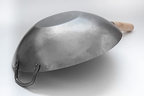 14-Inch Flat Bottom Carbon Steel Wok with Wooden & Steel Handles - Heavy Duty
