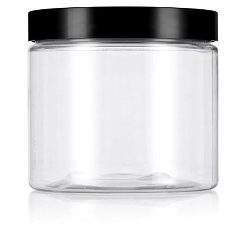 16 oz Clear PET Plastic (BPA Free) Large Refillable Jar with Black Smooth Lids (6 pack)
