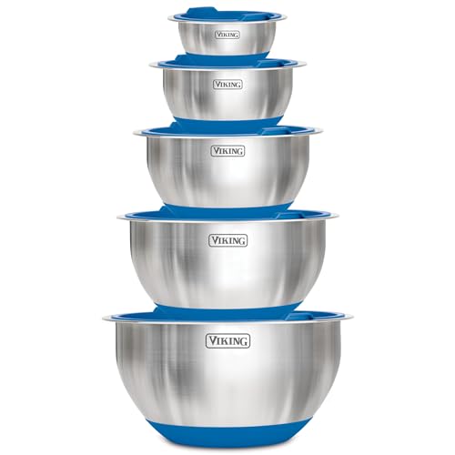 Viking 10-Piece Stainless Steel Mixing Bowl Set with Non-Slip Silicone Base - Blue