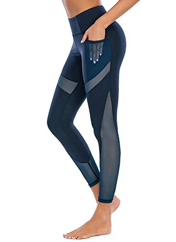 Women's High Waist Yoga Pants with Side Pockets & Mesh Insert - Small Navy Blue