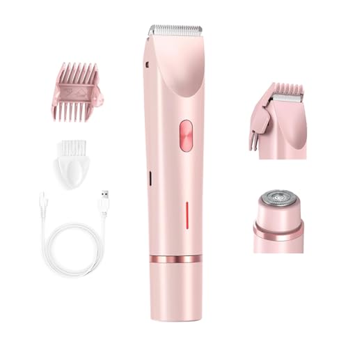 Bikini Trimmer for Women, 2 in 1 Electric Razors, Wet Dry Use, IPX7 Waterproof Rechargeable Bikini Shaver with Ceramic Cutting Head, 120 Min Cordless Runtime, Pink