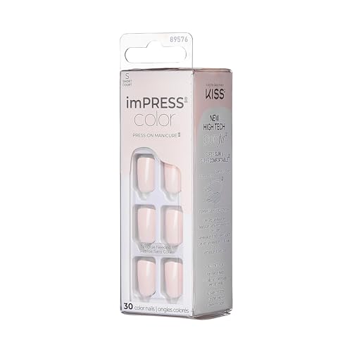 KISS Impress Color No Glue Mani 30 Pcs Press on Nails, Light Pink, Short Size, Squoval Shape, Simple Peel & Press Easy Apply, Hassle-Free Removal, Essential Tools Included
