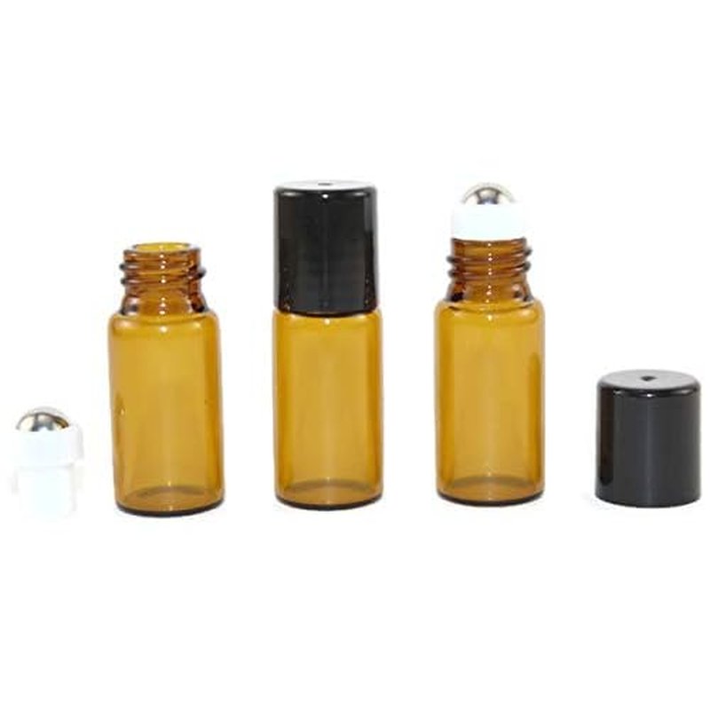 144 Amber Glass 3 ml Mini Roll-On Glass Bottles with 144 Stainless Steel Roller Balls and Flat Black Caps - Refillable Aromatherapy Essential Oil Roll On (144)