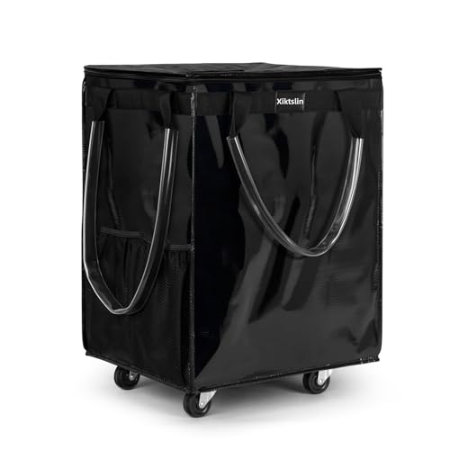 Xiktslin Large Black Reusable Foldable Rolling Grocery Tote with 5 Wheels