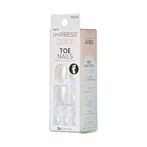 KISS Impress Color No Glue Pedi 30 Pcs Press on Toenails, White Glitter Stick on Extension False Nails for Toes, Peel & Press Easy Apply, Hassle-Free Removal, Includes Manicure Stick, Prep Pad & File