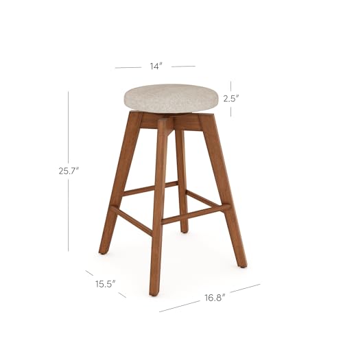 Counter Height Backless Kitchen Bar Stool - Solid Wood, 360 Swivel, Medium Brown / Beige