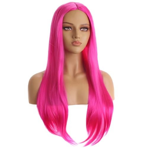 Pink Long Straight Synthetic Wig for Women - 28 Inch Middle Part Cosplay & Daily Wear with Adjustable Cap