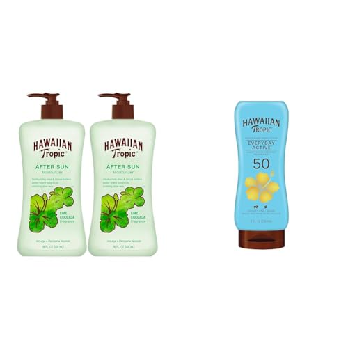 Hawaiian Tropic After Sun Lotion Twin Pack 16oz each & Everyday Active Sunscreen Lotion SPF 50 8oz