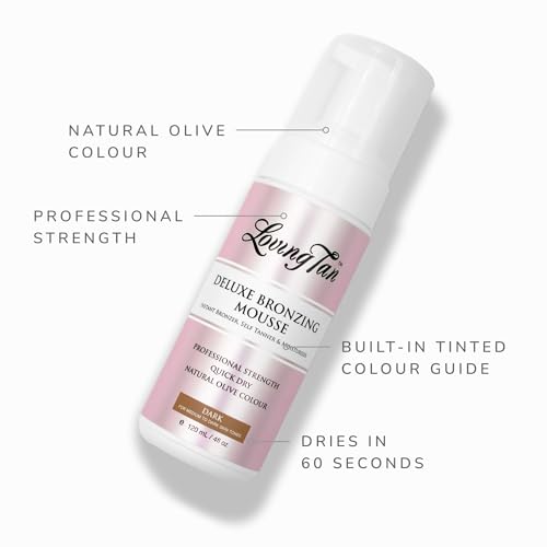 Loving Tan 8 HR Deluxe Self Tanning Mousse, Dark -Streak Free, Professional Quality Sunless Tanning -Up to 5 Self Tanner Applications per Bottle, Naturally Derived DHA - 4 Fl Oz - Packaging May Vary
