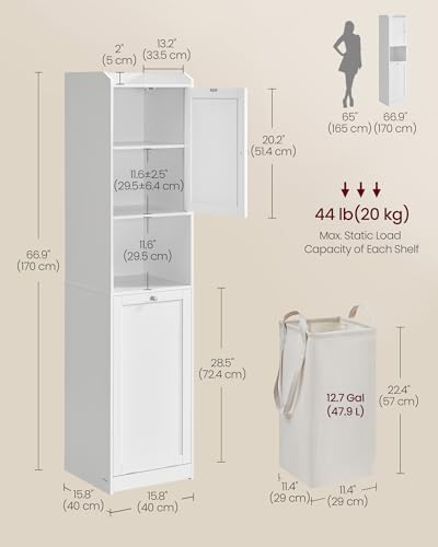 VASAGLE Tall Storage Cabinet with Removable Laundry Basket - Cloud White 15.8"L x 15.8"W x 66.9"H