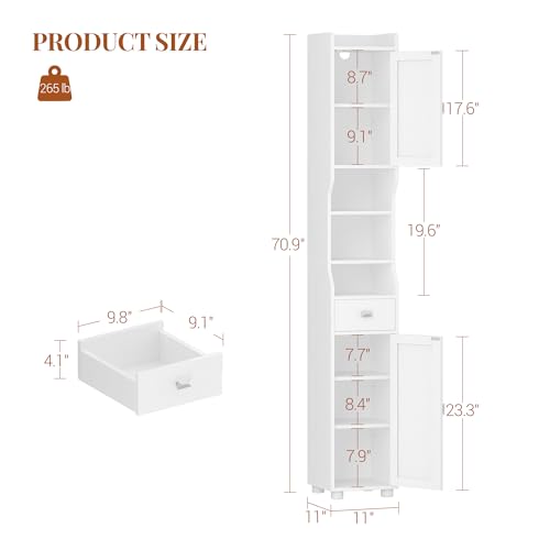 Tall Bathroom Storage Cabinet - White, 11 x 11 x 70.9 Inches, Narrow Floor Cabinet with Doors & Drawer