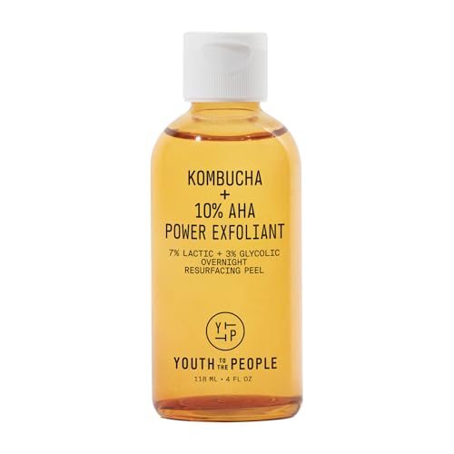 Youth To The People Kombucha + 10% AHA Power Exfoliant (4 fl oz), Overnight Resurfacing Peel, Helps Fade Discoloration + Smooth Skin Texture, Lactic + Glycolic Acid, Fragrance-free, Vegan