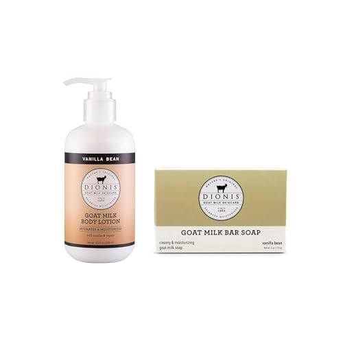 Dionis Goat Milk Skincare Vanilla Bean Scented Lotion (8.5oz) and Hand & Body Bar Soap (6oz) Bundle - Made in USA - Cruelty Free and Paraben Free Formula