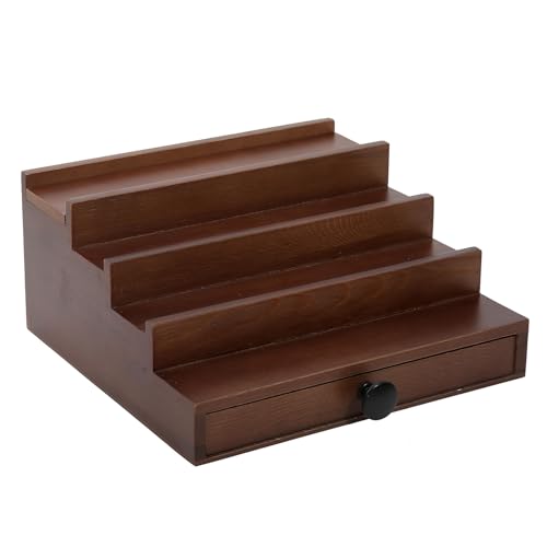 Walnut Cologne Organizer for Men - 4 Tier Wooden Cologne Perfume Display Stand with Drawer and Hidden Compartment, Mens Cologne Holder Shelf for Organizing and Storing