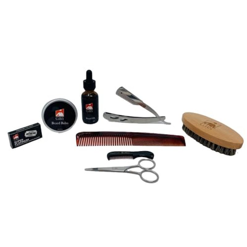 G.B.S Beard Grooming Set Includes Beard Oil, Beard Balm, 3" Boar Bristle Brush, 7 Inches Dressing Comb, 5 Inches Shave Razor and 10 Blades, 3" Mustache Comb, Trimming Scissors, Pack of 8