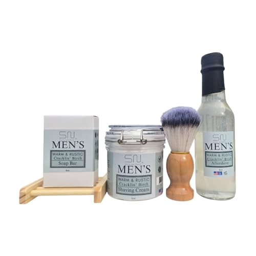 Seoul Naturals Men's Grooming Kit, Warm & Rustic Cracklin' Birch, 5 Piece Set with Shaving Cream, Barber Brush, Aftershave, Soap Bar and Soap Saver, k beauty