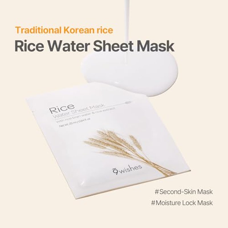 9 wishes Rice Water Sheet Mask- Hydrating Korean Face Mask with Rice Water, Moisturizing Mask for Radiant Skin, Improves Skin Texture, Korean Skincare- 25ml x 10 Sheets