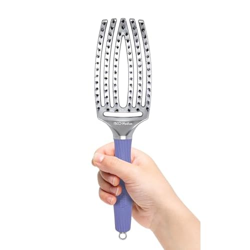 Olivia Garden Fingerbrush Combo Curved and Vented Paddle Brush for Blow Drying - Ionic and 100% Boar Bristles - For All Hair Types