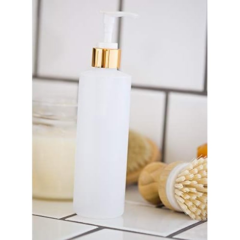 8 oz Clear Natural Refillable Plastic Squeeze Bottle with Gold Lotion Pump Dispenser (6 Pack)