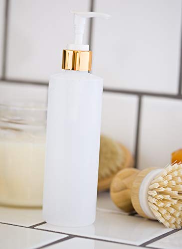 JUVITUS 8 oz Clear Refillable Plastic Squeeze Bottle with Gold Lotion Pump - 6 Pack