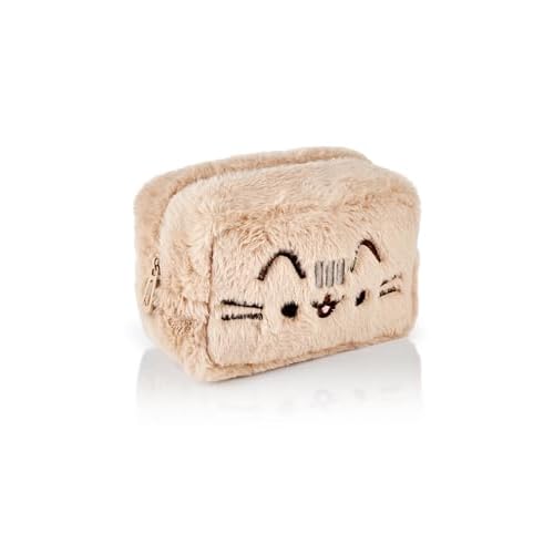 Pusheen Womens Fluffy Makeup Bag | Ladies All Over Fur with Embroidered Logo in Tan | Classic Logo Zip Cosmetic Storage Bag