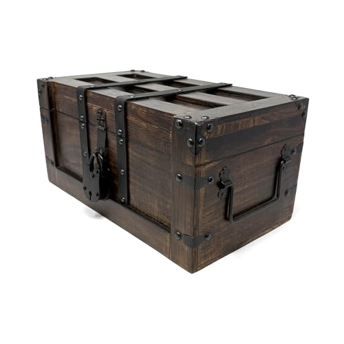 Large Nautical Cove Handmade Wooden Treasure Chest with Leather Straps & Lock, 14x8x6.75 inches