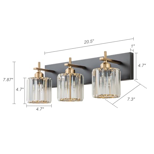 HUOKU Black Gold Round Shade 3-Light Crystal Bathroom Vanity Light Fixture