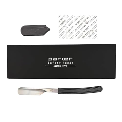 Parker Director Chrome Non-Folding Straight Barber Razor ? Japanese-Style Shavette with Stainless Steel Arm, Ergonomic Black Handle & Blade Protector Cap ? Ideal for Professionals - 5 Blades Included