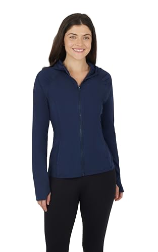 Yogalicious Women's Lightweight Hooded Yoga & Workout Jacket with Pockets - Dark Navy, Large