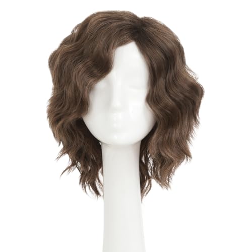 Layered Brown Short Curly Wigs for Men Unisex Cosplay Halloween Anime Wavy Hair - Fluffy & Natural