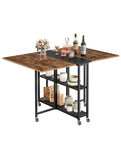 Rustic Brown Folding Dining Table with Wheels & 2-Tier Shelf - Expandable Kitchen & Living Room Furniture