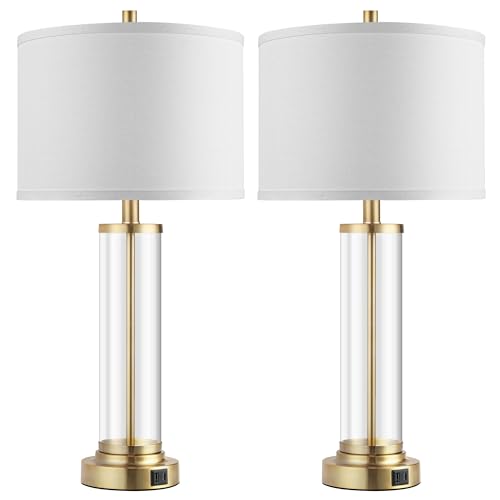Glass Table Lamps Set of 2 - Modern Gold Dimmable Bedside Lamps with USB Charging - Variation of Gold