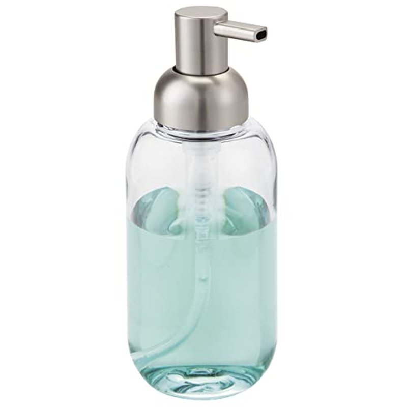 mDesign Round Plastic Refillable Liquid Soap Dispenser Pump Bottle for Bathroom Vanity Countertop, Kitchen Sink - Holds Hand Soap, Dish Soap, Hand Sanitizer, Essential Oils - 2 Pack - Clear/Brushed