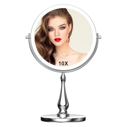 9" Large Lighted Makeup Mirror, 1X/10X Magnifying Vanity Mirror with 3 Colors Dimmable Lightning, 80 LED Lights, 360¡ÆRotation Double Sided Standing Desk Mirror